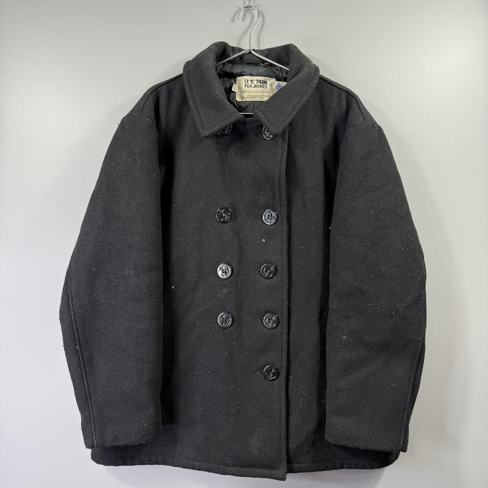 Schott 740N Pea Coat Mens 46 Blue Heavy Wool Double Breasted US Navy USA